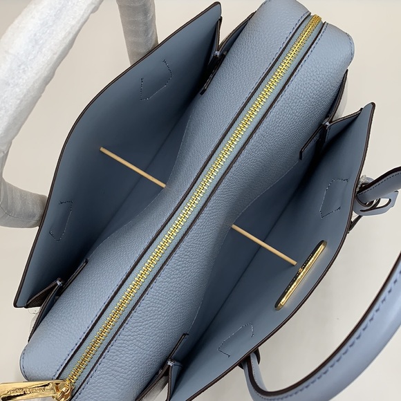 MICHAEL KORS MERCER MEDIUM TOP ZIP BELTED SATCHEL BROWN/ PALE BLUE SIGNATURE - Picture 10 of 16